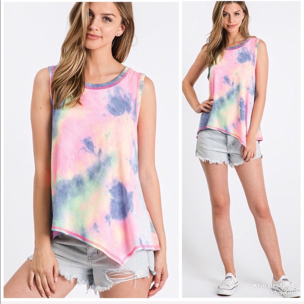 LAST! Pink/Blue Tie Dye Asymmetric Hem Top! - Picture 2 of 8